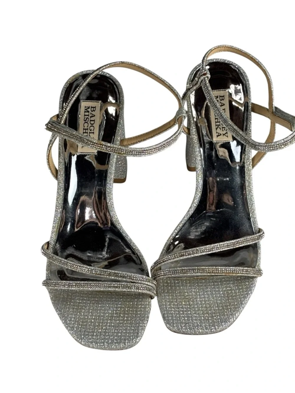 BADGLEY MISCHKA FIREY RHINESTONE SILVER BLOCK HEEL OPEN TOE HEELS